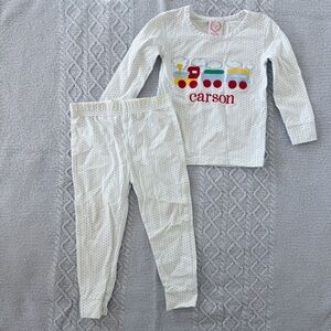 White & Blue Polkadot Train Pajama Set with Custom Embroidered Name Carson